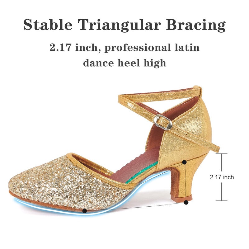 iCKER Womens Latin Dance Shoes Heeled Ballroom Salsa Tango Party Sequin Dance Shoes Gold 8 - Image 2